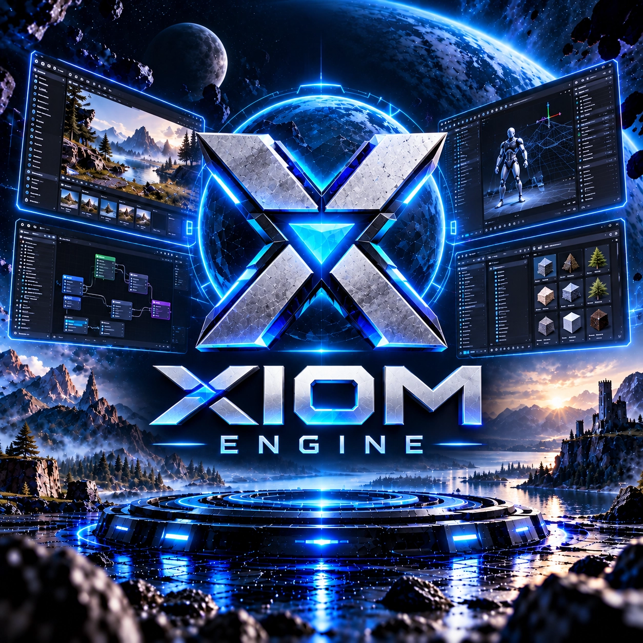 XIOM ENGINE: the XIOM X-mark over a game-world vista with editor panels -- a level scene, a character rig, a node graph and an asset palette -- framed by mountains, a lake and a castle at dusk.